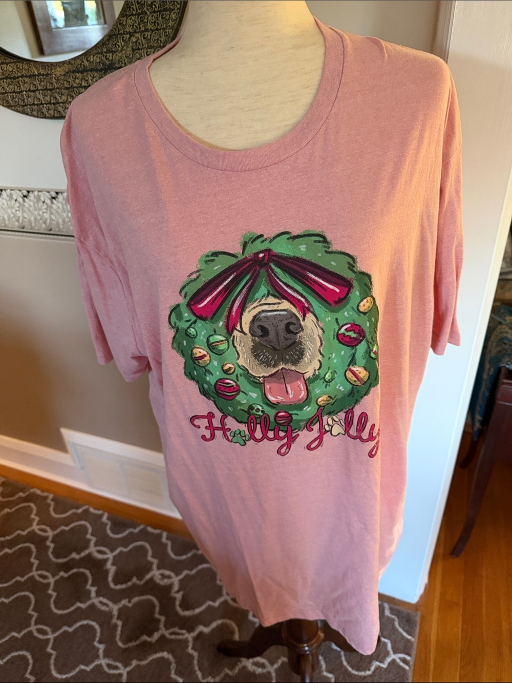 2xL Cute Pink 'Holly Jolly' Holiday Dog Wreath T-Shirt not worn